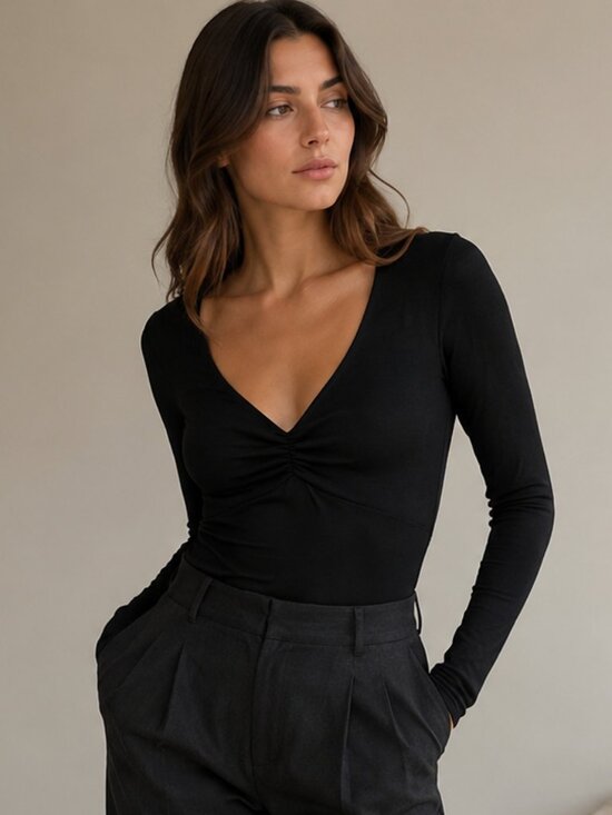 Abercrombie & Fitch Tops - NWT Abercrombie Soft A&F Cozy Ruched V-Neck Bodysuit Black M